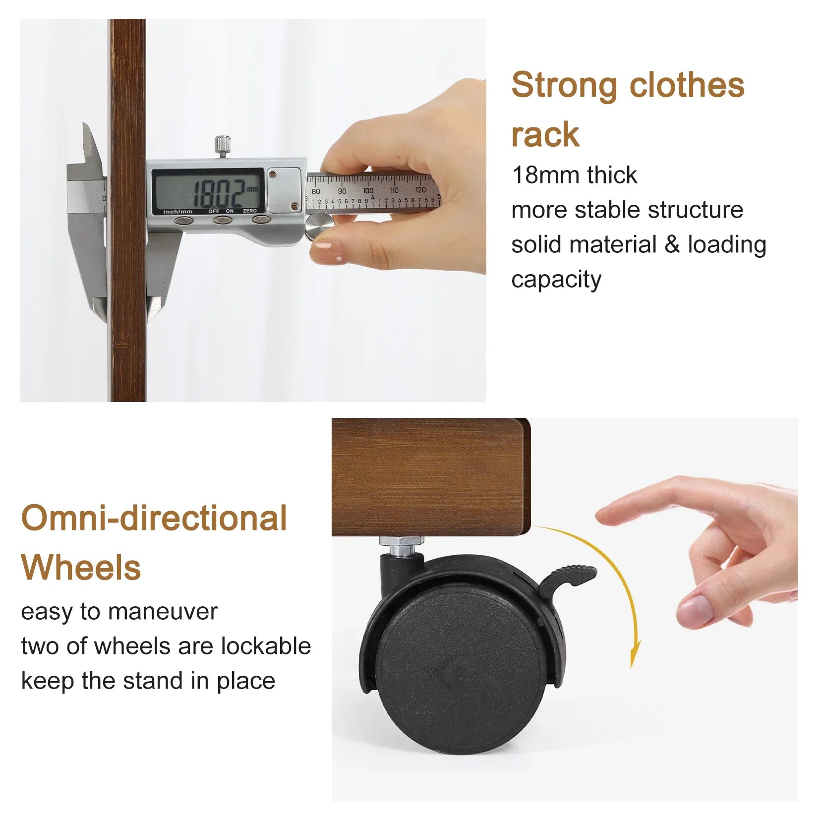 Hall Tree Hat and Coat Stand Entryway Hallway Clothes Rail Rack, 2 Shoe Shelves with Wheels, Open Wardrobe