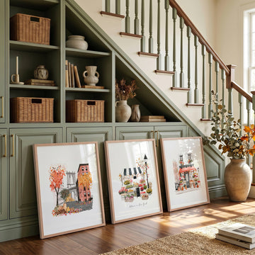 Hallway Wall Art Ideas New York Autumn Watercolour Travel wall art | "Autumn in New York" displayed on a wall in a styled room — view 2