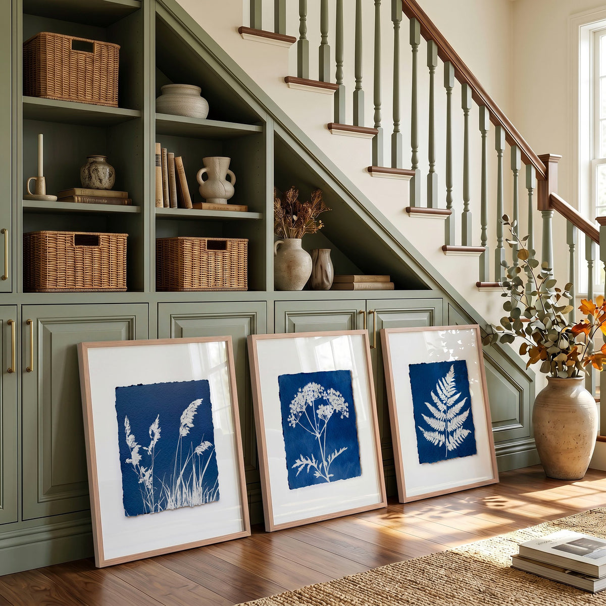 Hallway Wall Art Indigo Cyanotype Botanical wall art displayed on a wall in a styled room — view 2