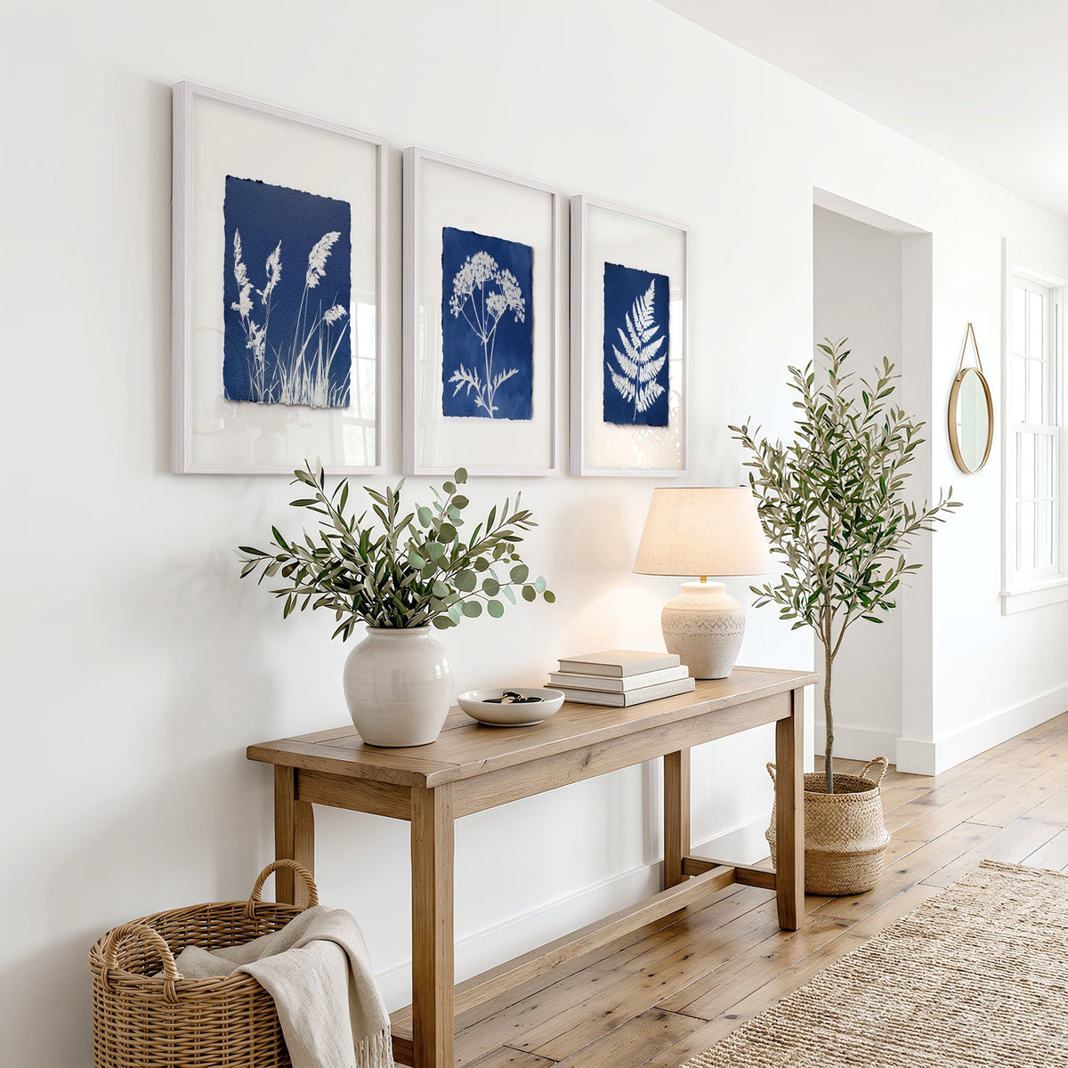 Hallway Wall Art Indigo Cyanotype Botanical wall art displayed on a wall in a styled room — view 4