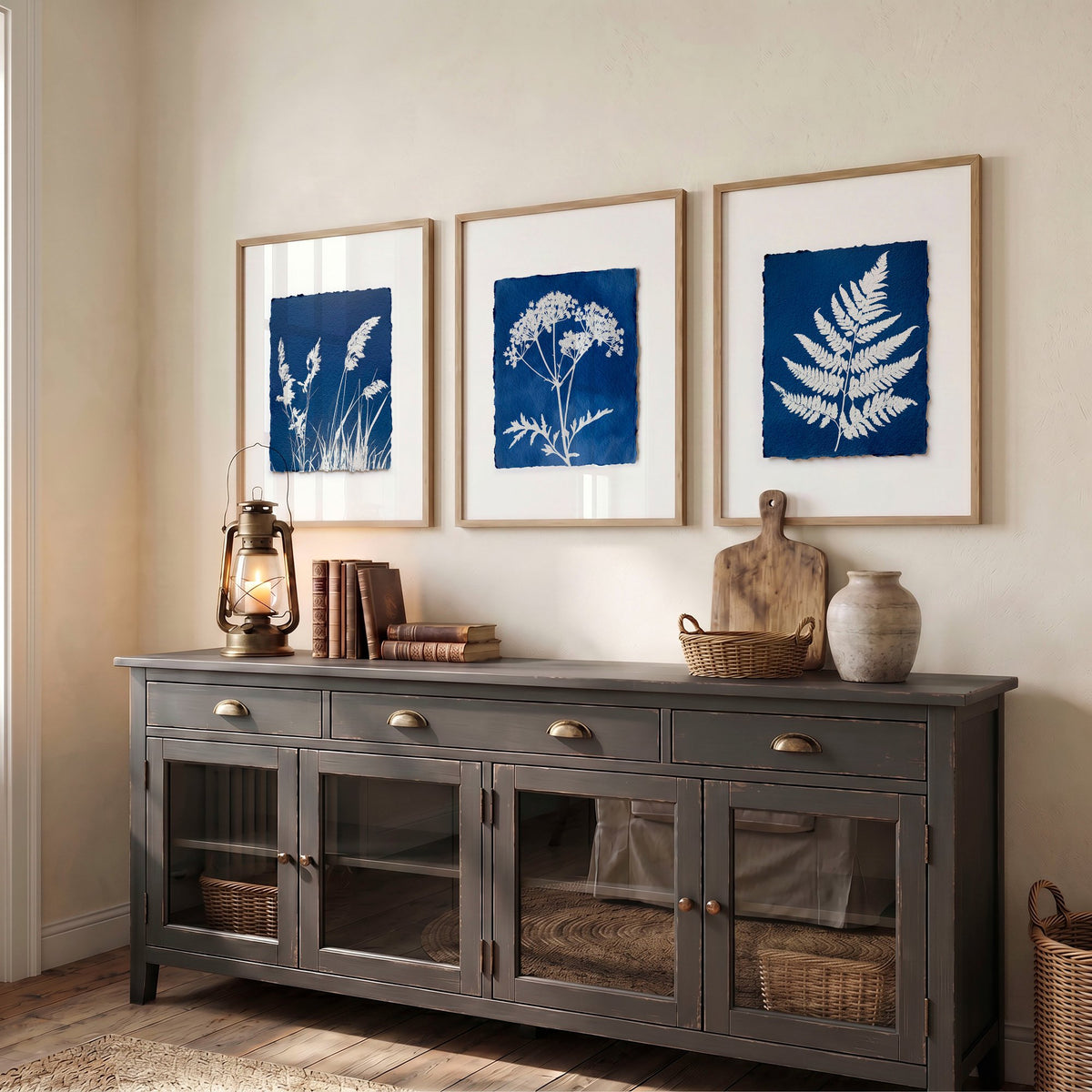 Hallway Wall Art Indigo Cyanotype Botanical wall art displayed on a wall in a styled room — view 5