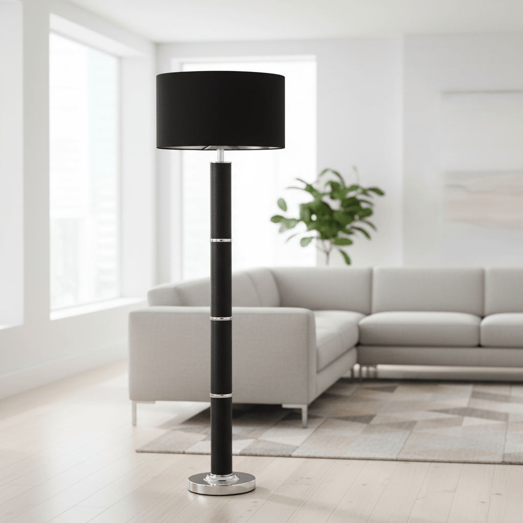 Hanah Black Snake Leather Effect Floor Lamp with Chrome Base and Black Shade