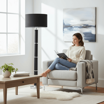 Hanah Black Snake Leather Effect Floor Lamp with Chrome Base and Black Shade