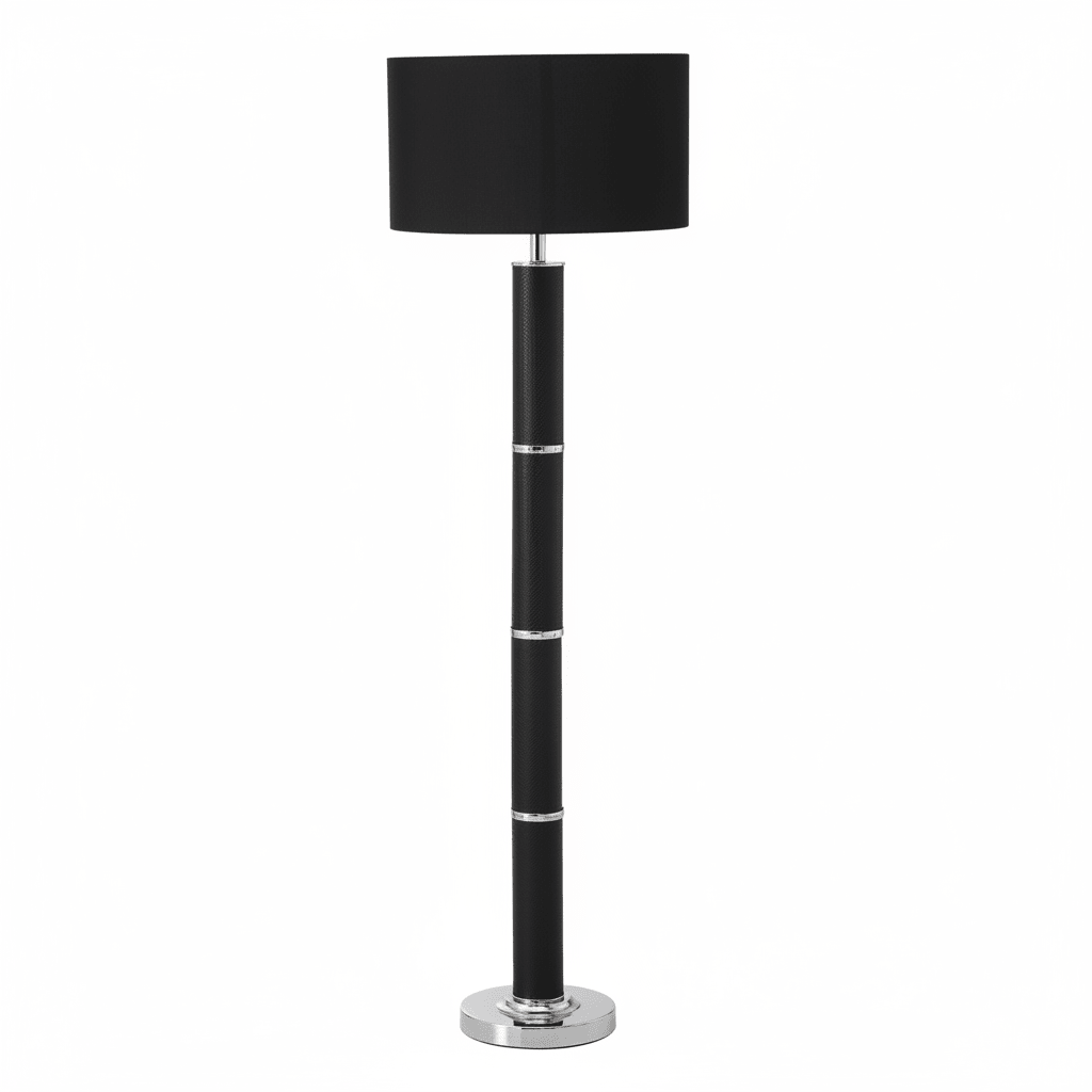 Hanah Black Snake Leather Effect Floor Lamp with Chrome Base and Black Shade