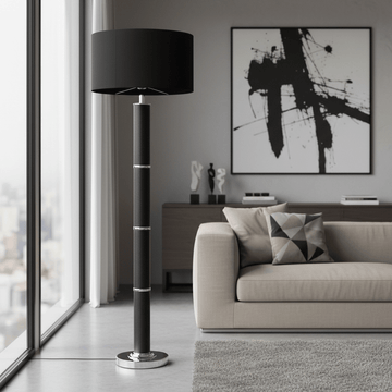 Hanah Black Snake Leather Effect Floor Lamp with Chrome Base and Black Shade