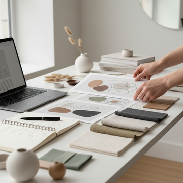 Hands arranging wall art prints and interior design samples on minimalist desk