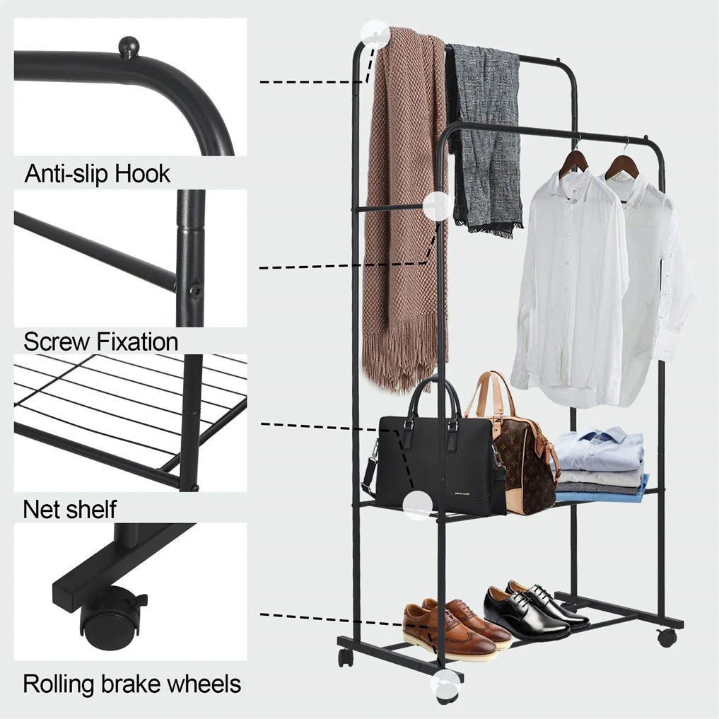 Heavy Metal Double Clothes Rail Hanging Rack Garment Display Stand Storage Shelf Rolling Closet Organizer