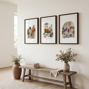 Paris Travel Home Wall Art | Louvre, Eiffel Tower & Montmartre Autumn Watercolour "Une pause à la Parisienne" displayed on a wall in a styled room — view 2