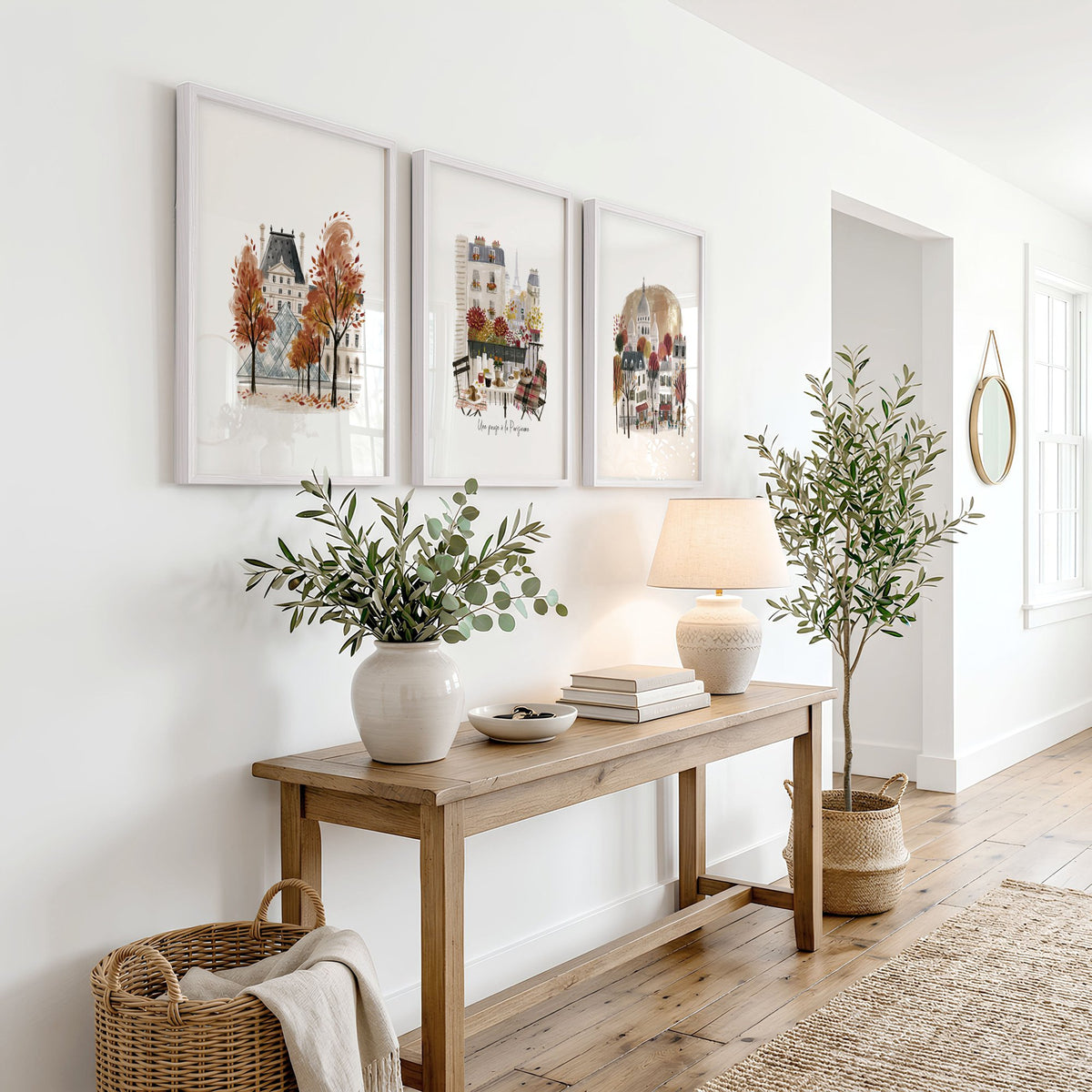 Paris Travel Home Wall Art | Louvre, Eiffel Tower & Montmartre Autumn Watercolour "Une pause à la Parisienne" displayed on a wall in a styled room — view 5