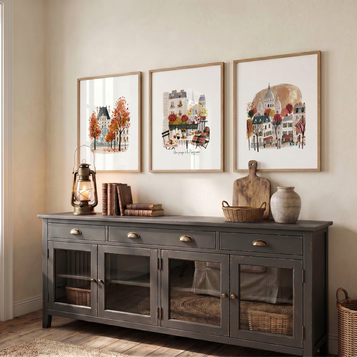 Paris Travel Home Wall Art | Louvre, Eiffel Tower & Montmartre Autumn Watercolour "Une pause à la Parisienne" displayed on a wall in a styled room — view 6