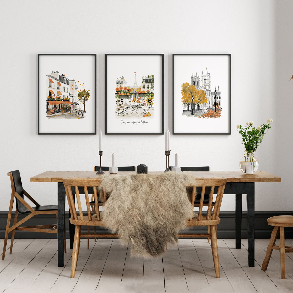 House Wall Art Paris Autumn Watercolour wall art | "Paris aux couleurs de l'automne" displayed on a wall in a styled room — view 6