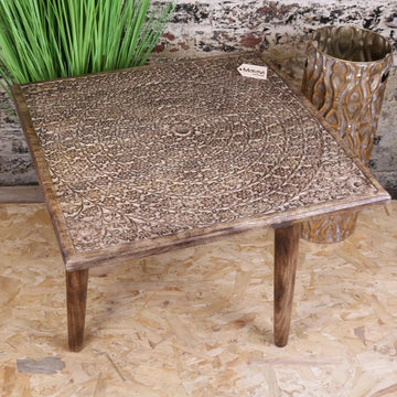 Ibra Large Side Table Burnt Mango Wood Hand Carved