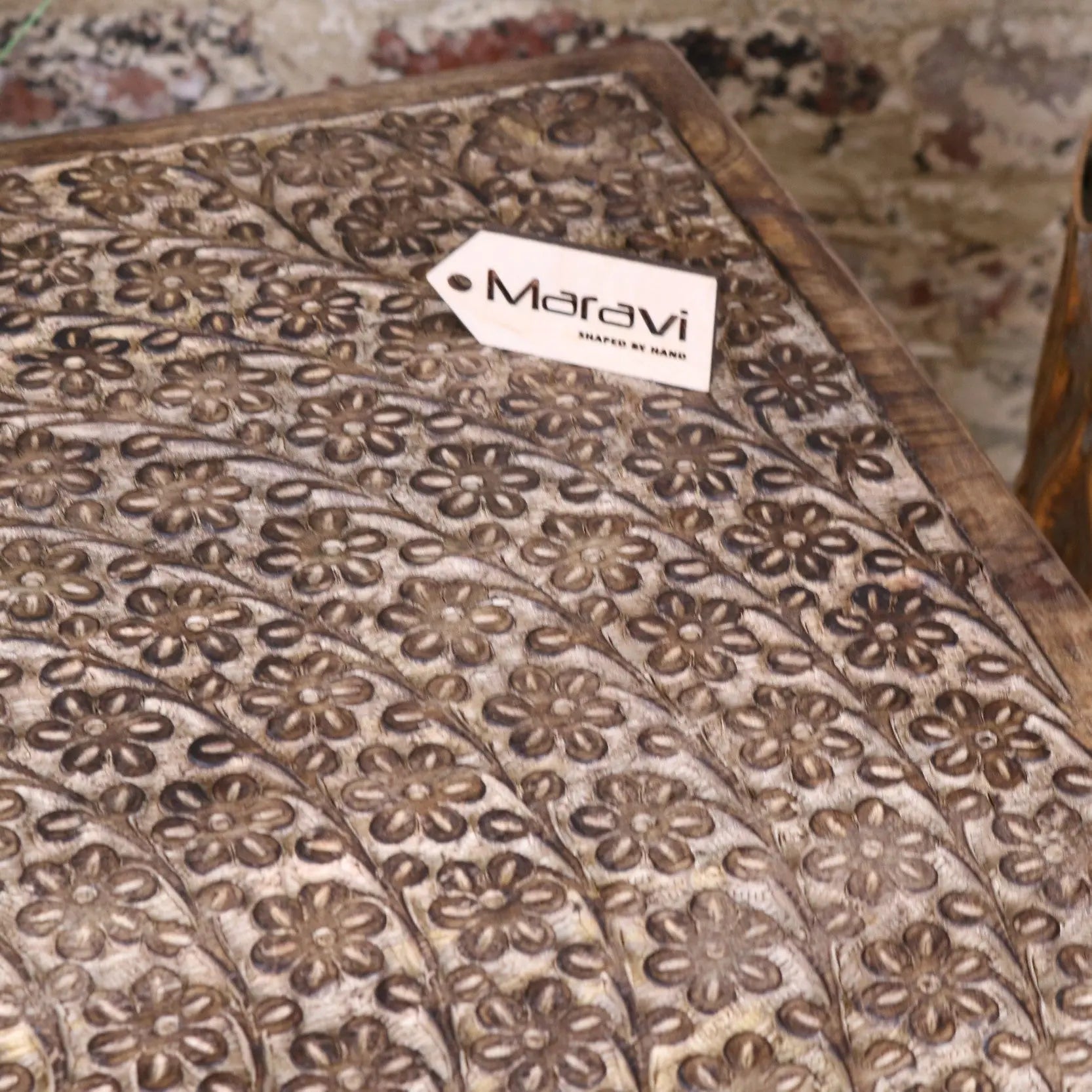 Ibra Large Side Table Burnt Mango Wood Hand Carved