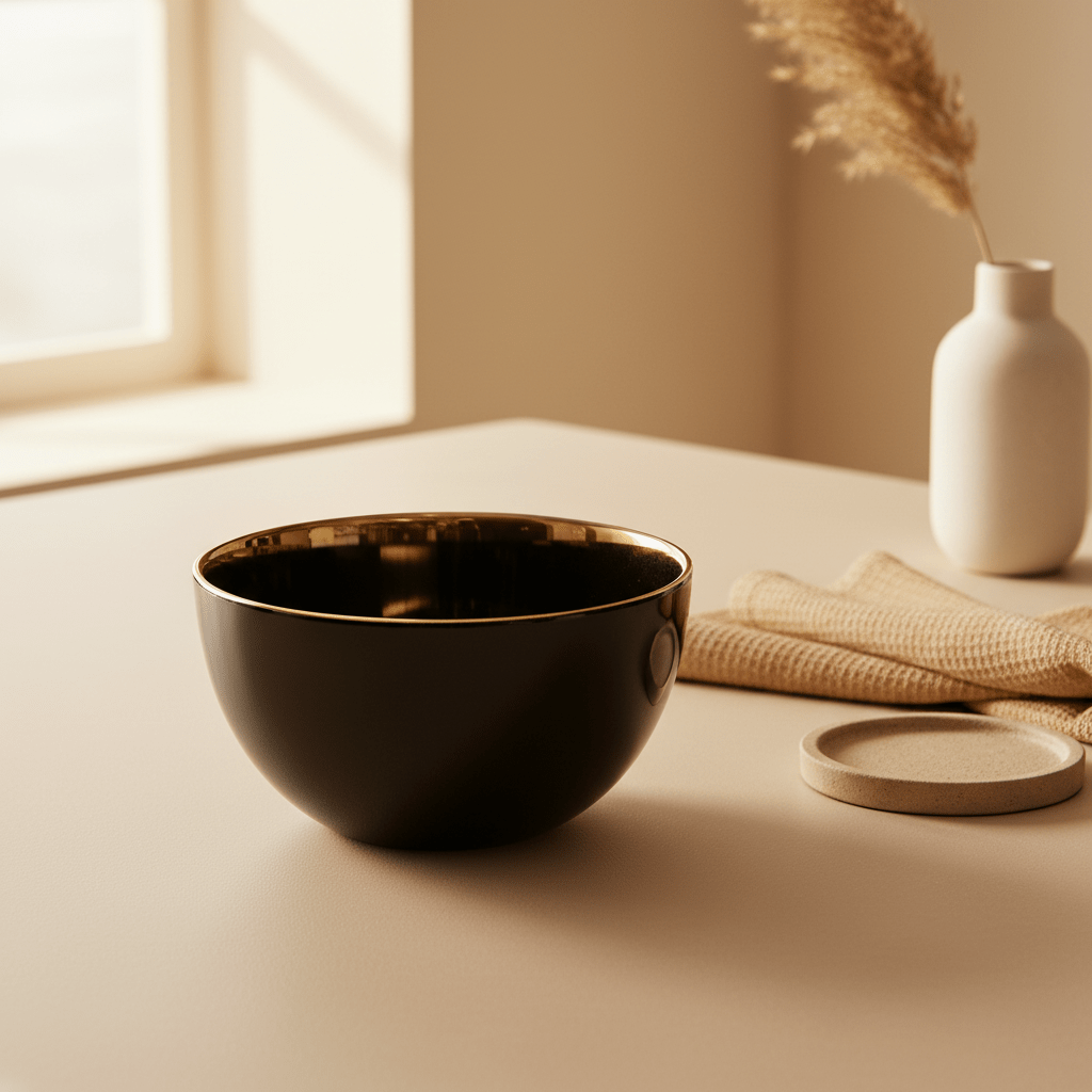 Ida Black Glass Bowl with Gold Rim