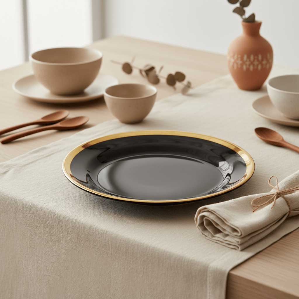 Ida Black Glass Side Plate with Gold Rim