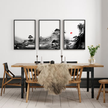 Ideas for Dining Room Wall Art | Japanese Ink Landscape Red Sun Black White displayed on a wall in a styled room