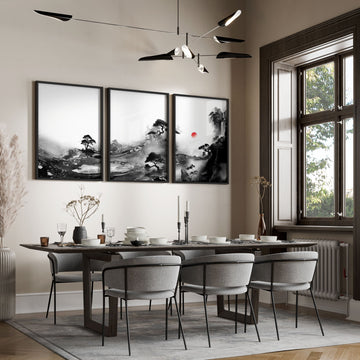 Ideas for Dining Room Wall Art | Japanese Ink Landscape Red Sun Black White displayed on a wall in a styled room — view 2