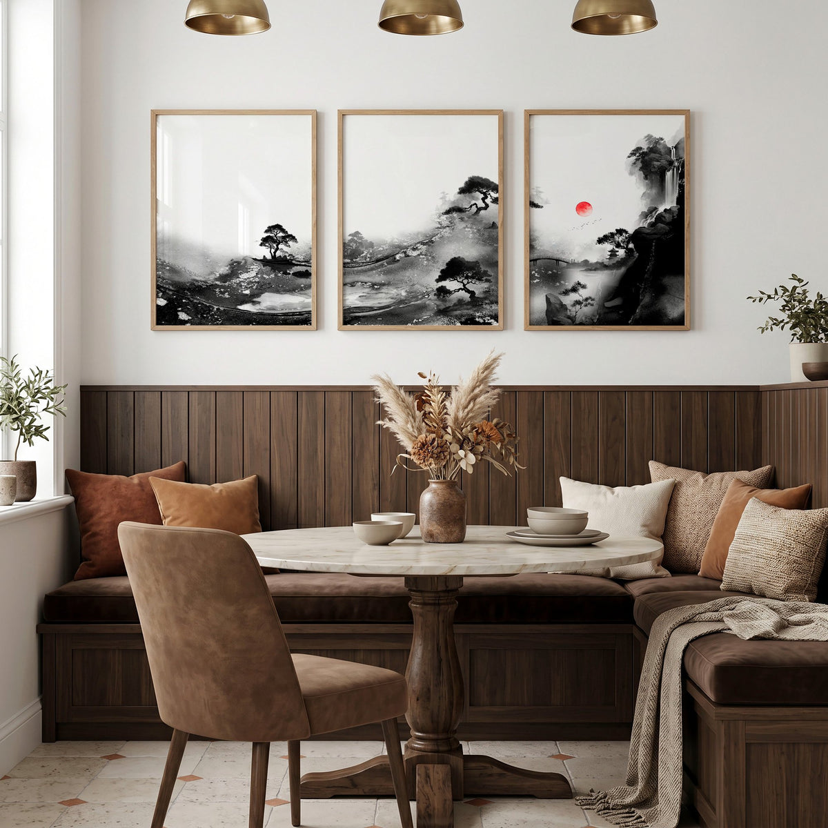 Ideas for Dining Room Wall Art | Japanese Ink Landscape Red Sun Black White displayed on a wall in a styled room — view 5