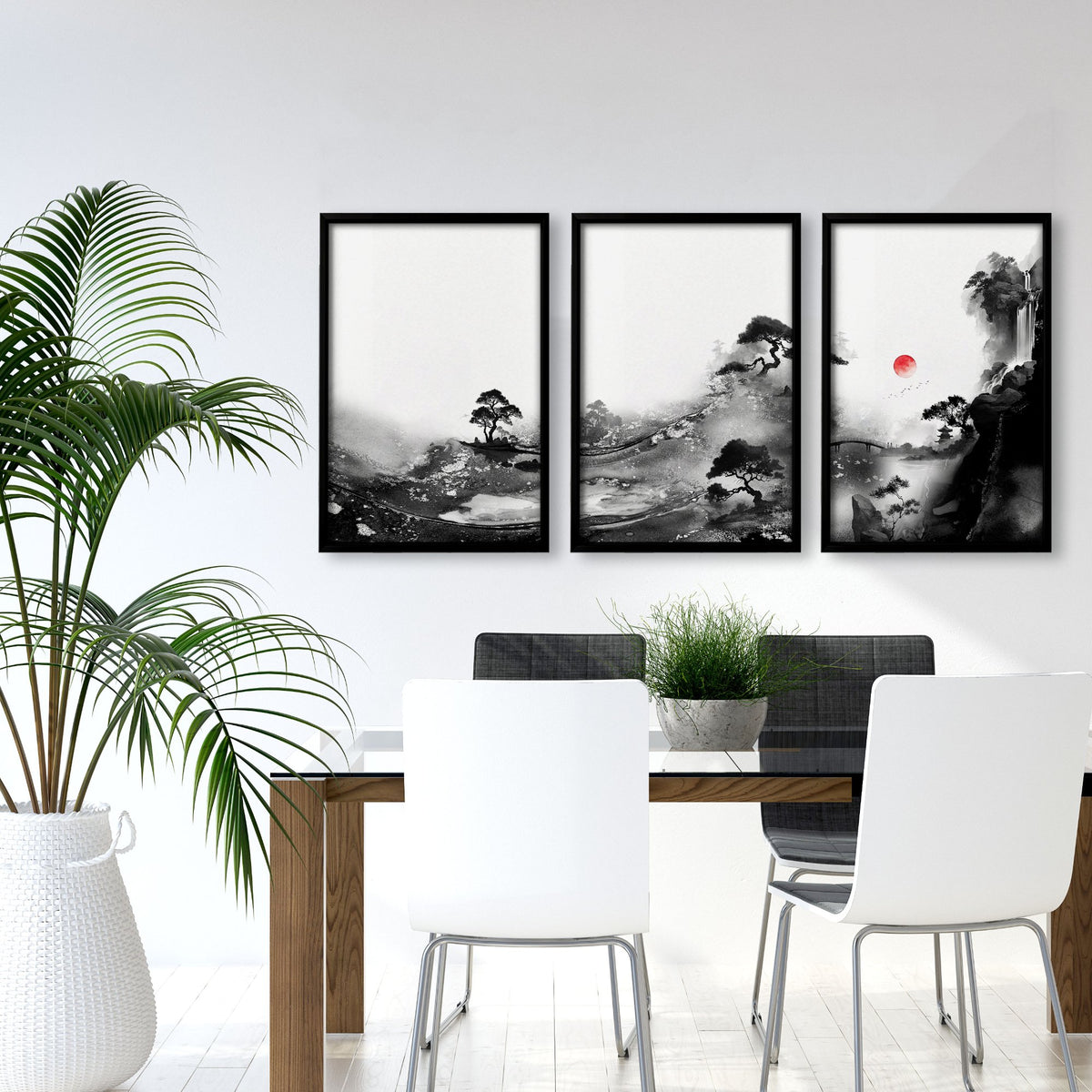 Ideas for Dining Room Wall Art | Japanese Ink Landscape Red Sun Black White displayed on a wall in a styled room — view 6