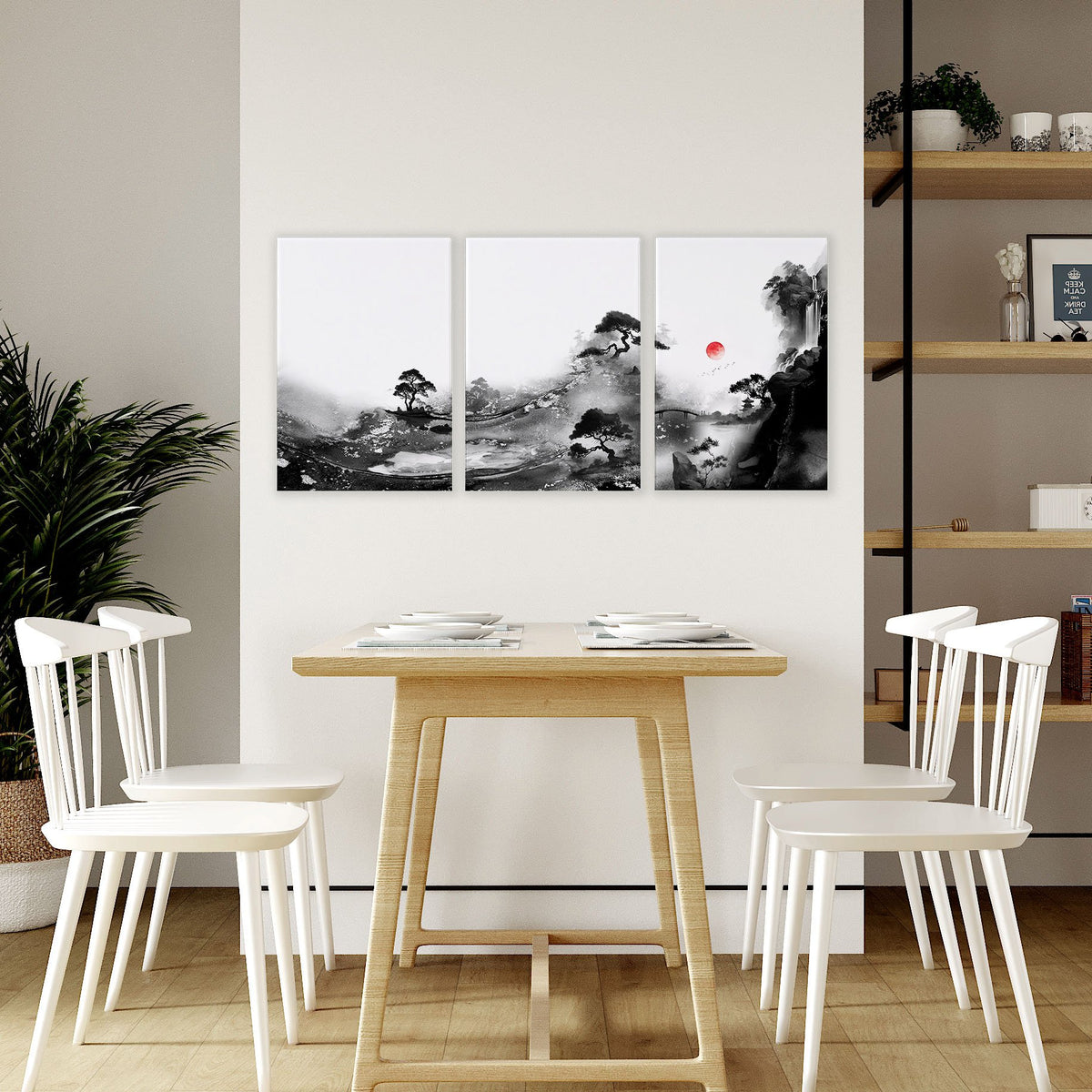 Ideas for Dining Room Wall Art | Japanese Ink Landscape Red Sun Black White displayed on a wall in a styled room — view 7