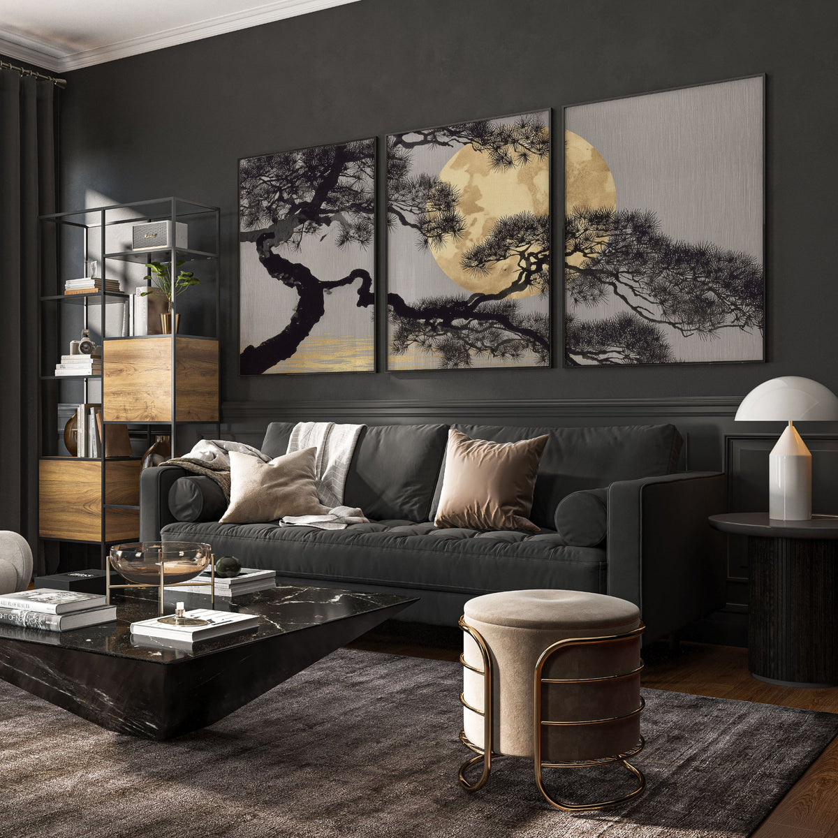 Ideas for Living Room Wall Art | Japanese Pine Moon Grey & Gold displayed on a wall in a styled room