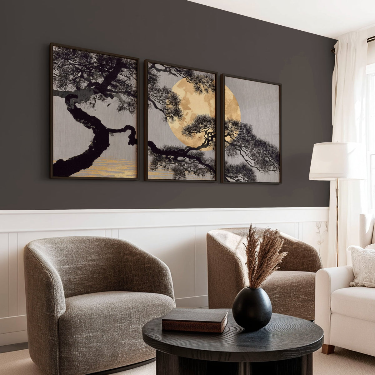 Ideas for Living Room Wall Art | Japanese Pine Moon Grey & Gold displayed on a wall in a styled room — view 11