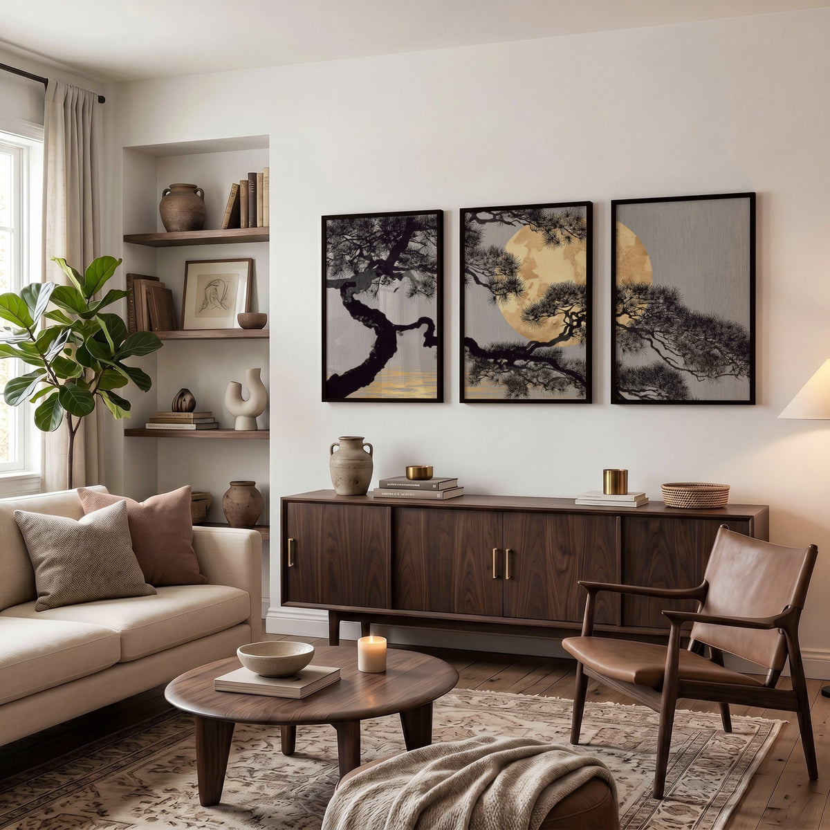 Ideas for Living Room Wall Art | Japanese Pine Moon Grey & Gold displayed on a wall in a styled room — view 13