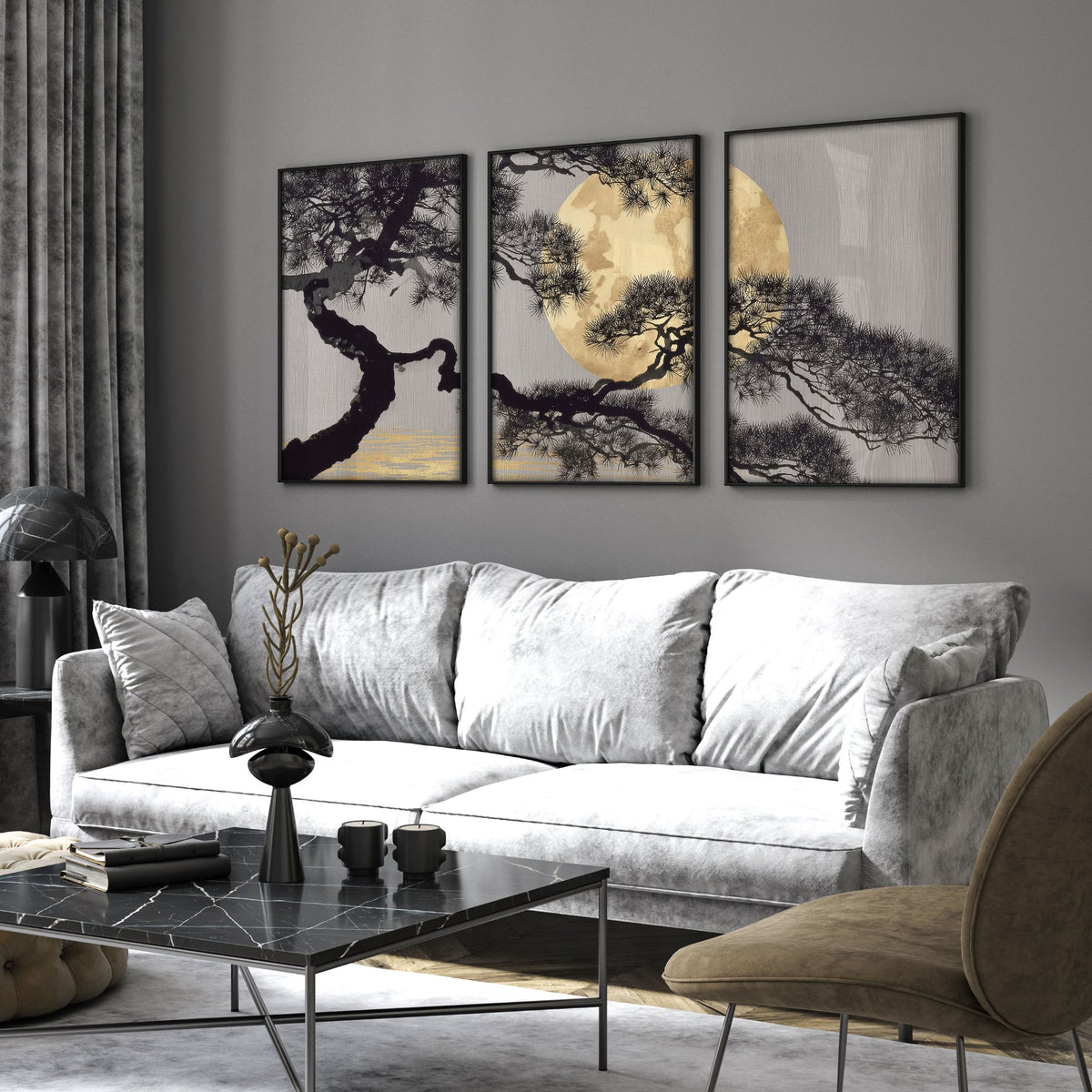 Ideas for Living Room Wall Art | Japanese Pine Moon Grey & Gold displayed on a wall in a styled room — view 14