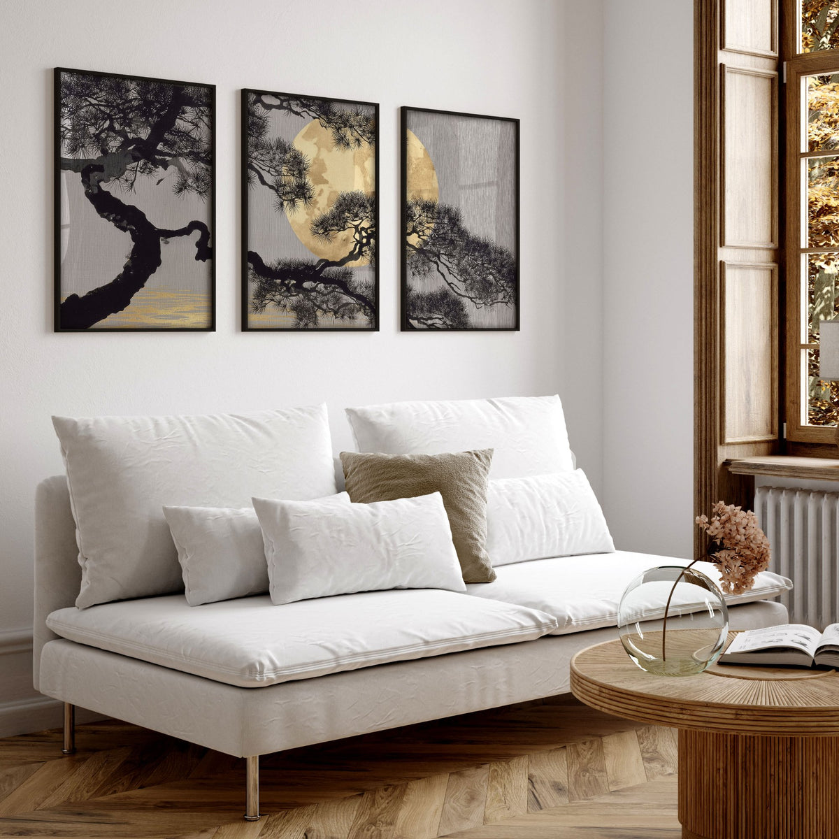 Ideas for Living Room Wall Art | Japanese Pine Moon Grey & Gold displayed on a wall in a styled room — view 16