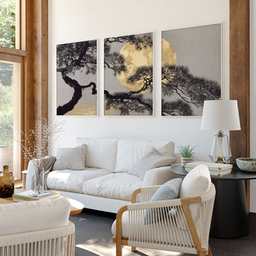 Ideas for Living Room Wall Art | Japanese Pine Moon Grey & Gold displayed on a wall in a styled room — view 2