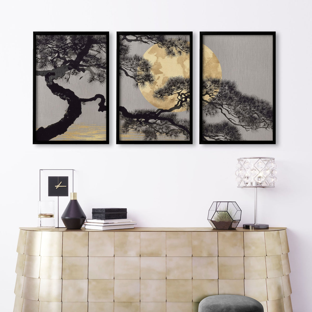 Ideas for Living Room Wall Art | Japanese Pine Moon Grey & Gold displayed on a wall in a styled room — view 3