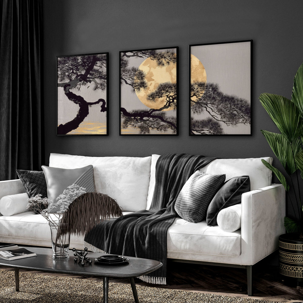 Ideas for Living Room Wall Art | Japanese Pine Moon Grey & Gold displayed on a wall in a styled room — view 4