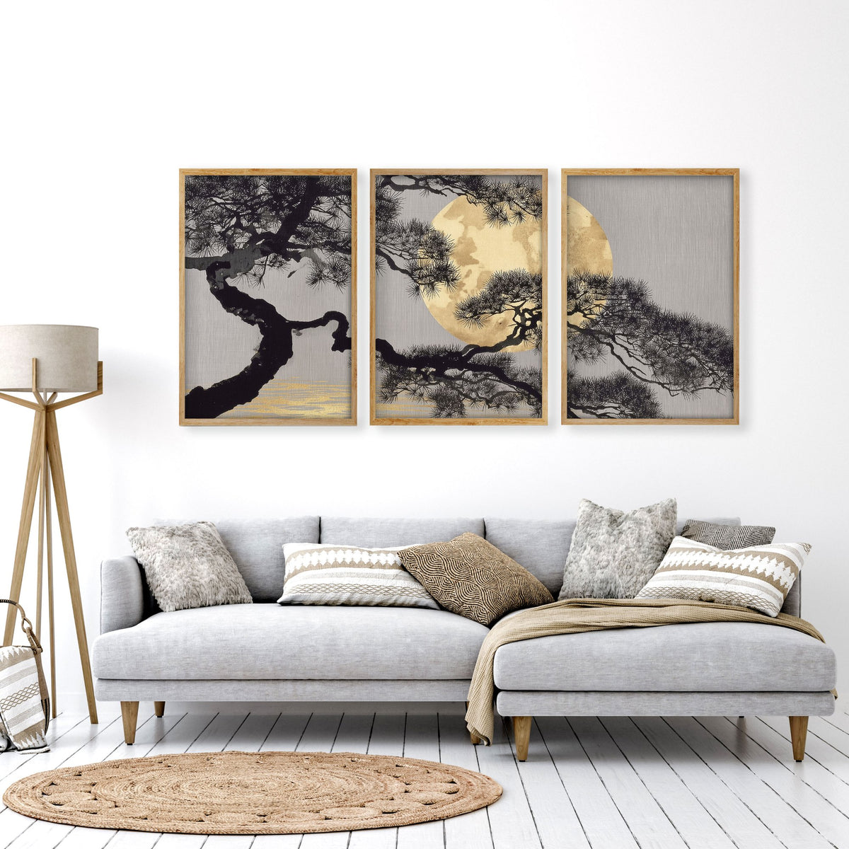 Ideas for Living Room Wall Art | Japanese Pine Moon Grey & Gold displayed on a wall in a styled room — view 5