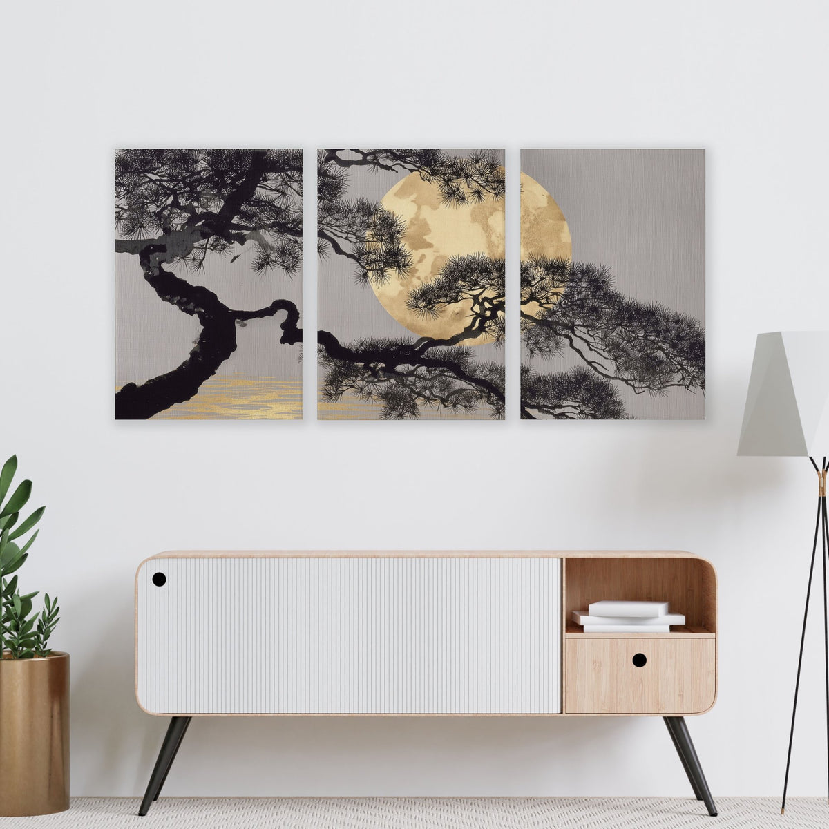 Ideas for Living Room Wall Art | Japanese Pine Moon Grey & Gold displayed on a wall in a styled room — view 6