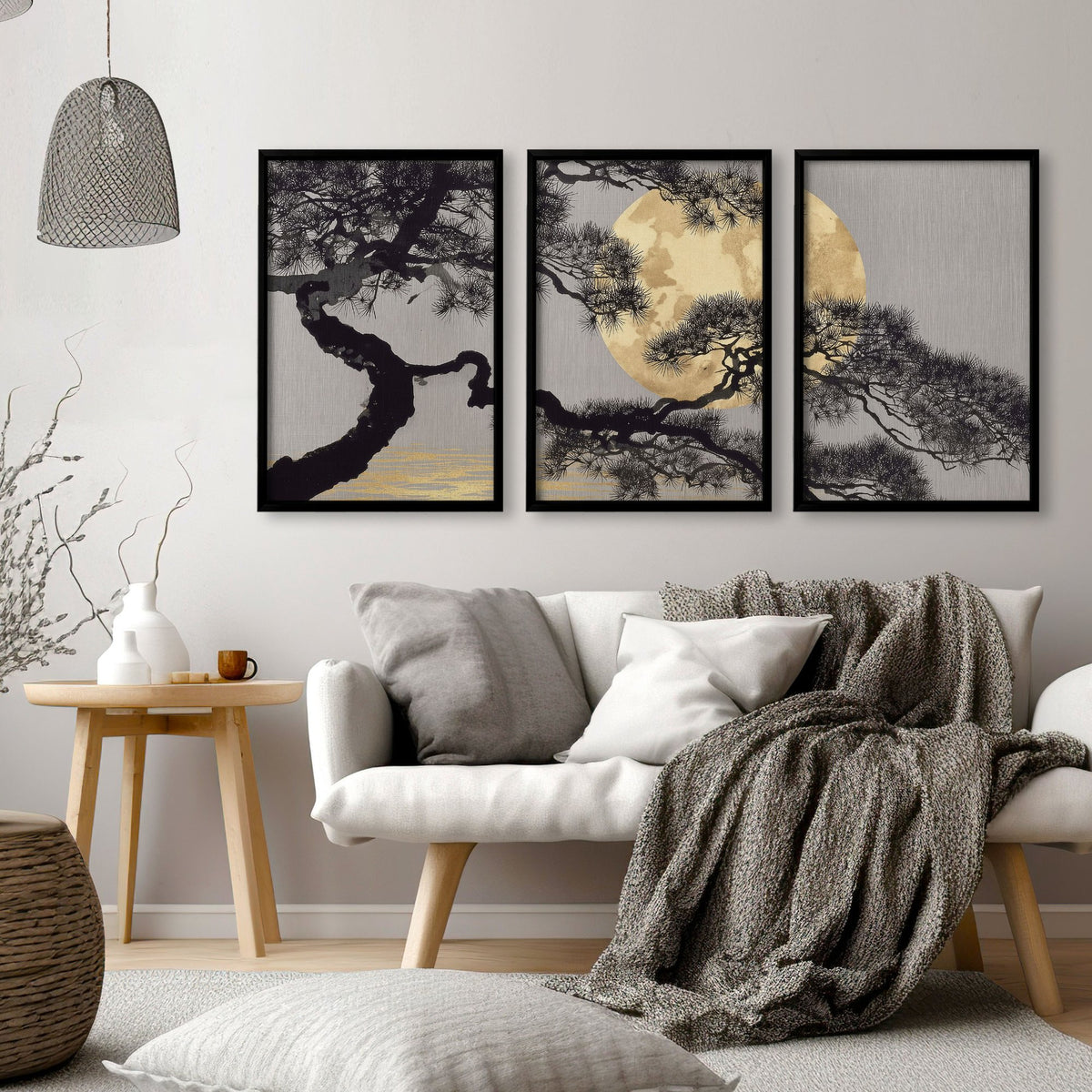 Ideas for Living Room Wall Art | Japanese Pine Moon Grey & Gold displayed on a wall in a styled room — view 7