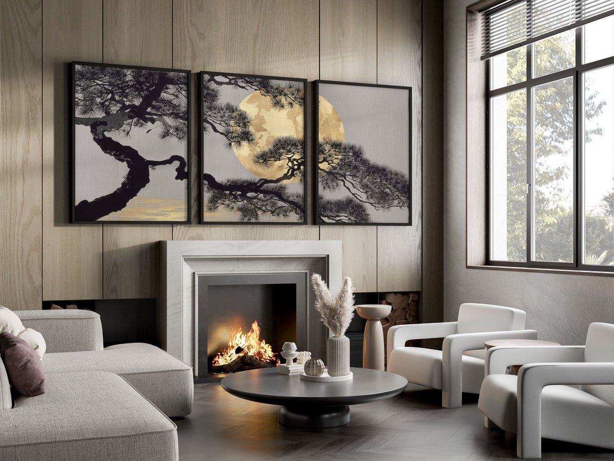 Ideas for Living Room Wall Art | Japanese Pine Moon Grey & Gold displayed on a wall in a styled room — view 9