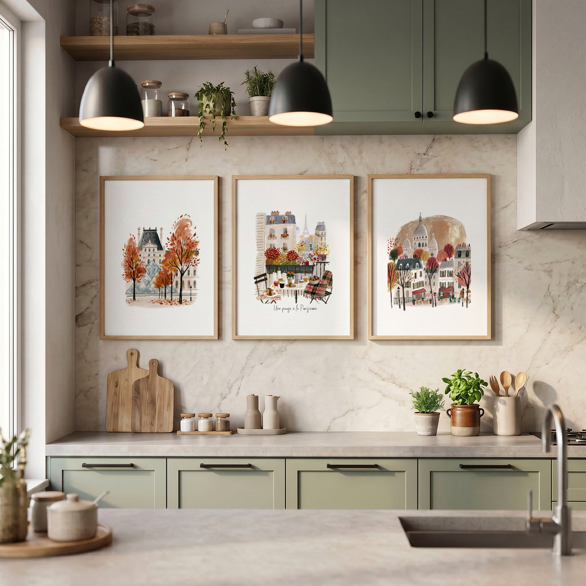 Ideas Kitchen Wall Art Paris Autumn Scenes — Louvre, Eiffel Tower & Montmartre wall art displayed on a wall in a styled room