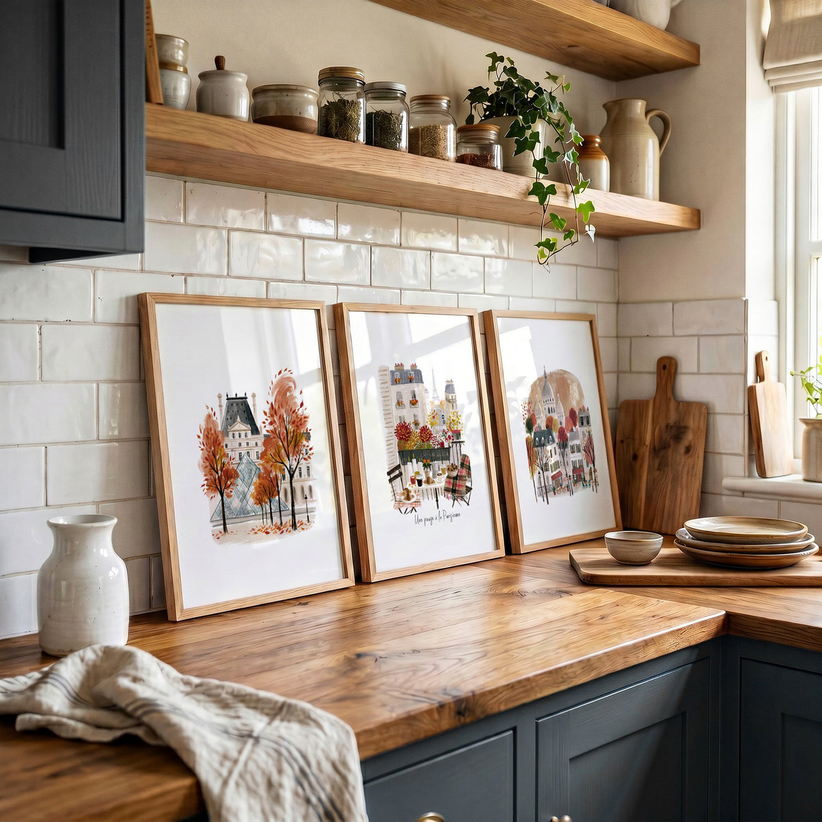Ideas Kitchen Wall Art Paris Autumn Scenes — Louvre, Eiffel Tower & Montmartre wall art displayed on a wall in a styled room — view 3