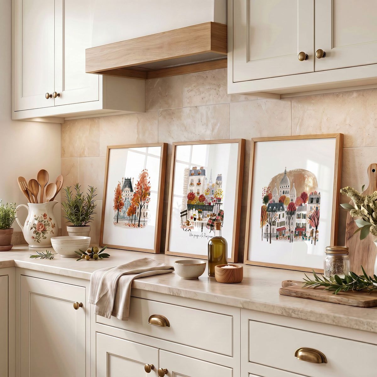 Ideas Kitchen Wall Art Paris Autumn Scenes — Louvre, Eiffel Tower & Montmartre wall art displayed on a wall in a styled room — view 4