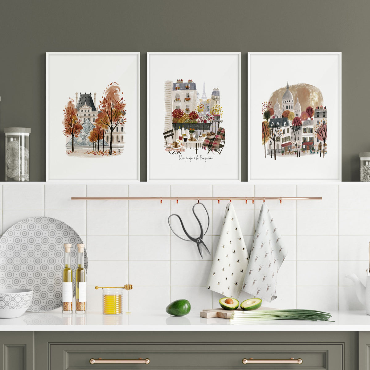 Ideas Kitchen Wall Art Paris Autumn Scenes — Louvre, Eiffel Tower & Montmartre wall art displayed on a wall in a styled room — view 6