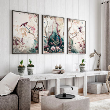 Chinoiserie framed wall art 3 piece set, extra large Vintage Asian Triptych wall art, Eclectic Botanical wall decor living room wall hanging