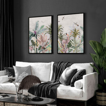 Chinoiserie framed wall art 2 piece set, extra large Vintage Asian Triptych wall art, Eclectic Botanical wall decor living room wall hanging — 2