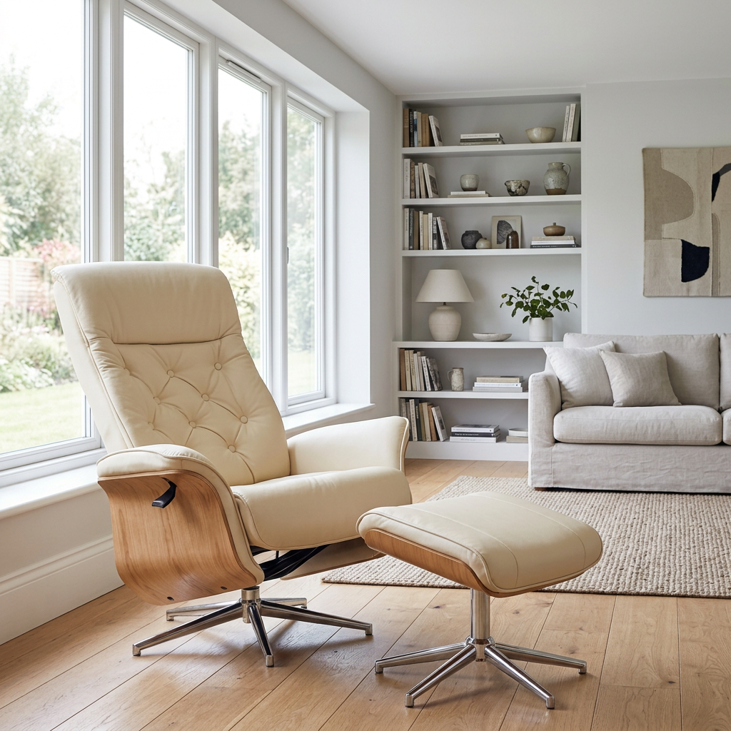 Warrington ivory recliner and footstool in a Scandinavian living room