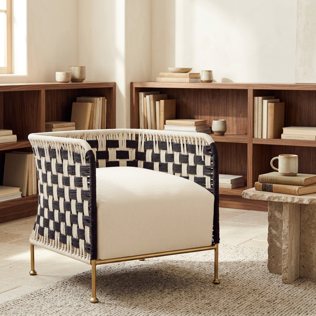 Satna black and white jute rope woven chair viewed from above at an angle in a home library
