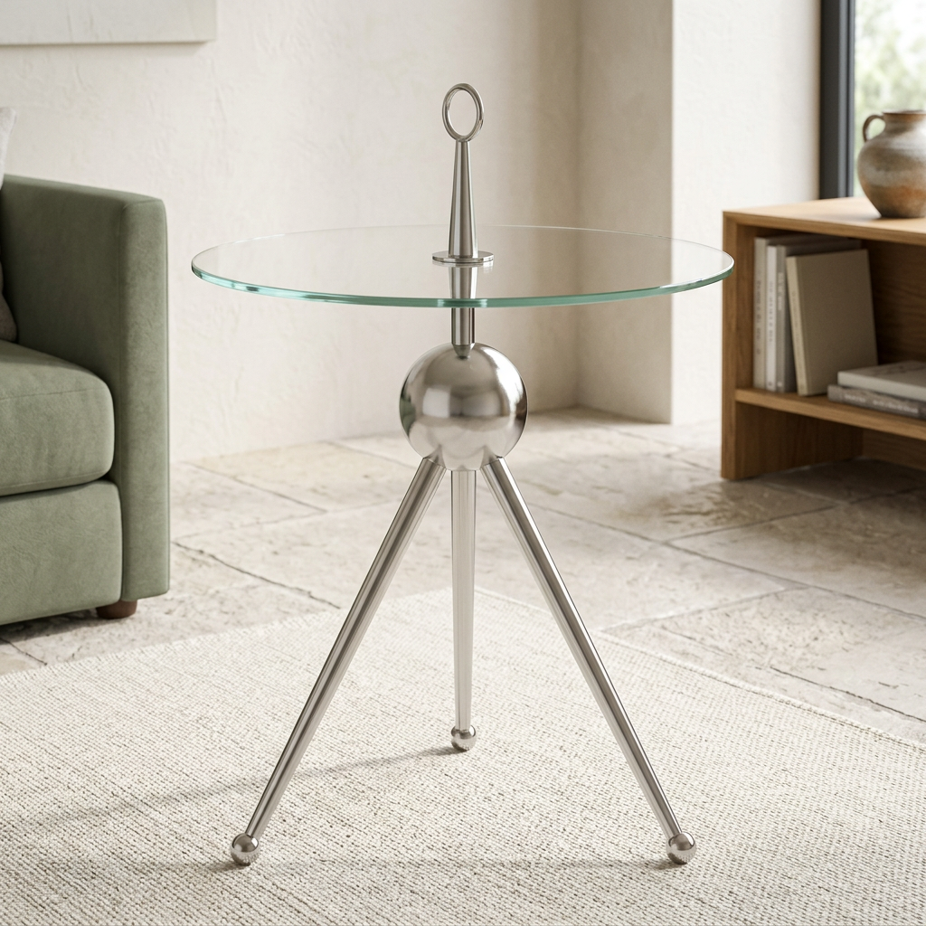 Oria clear glass and silver side table viewed from above at an angle in a contemporary living room