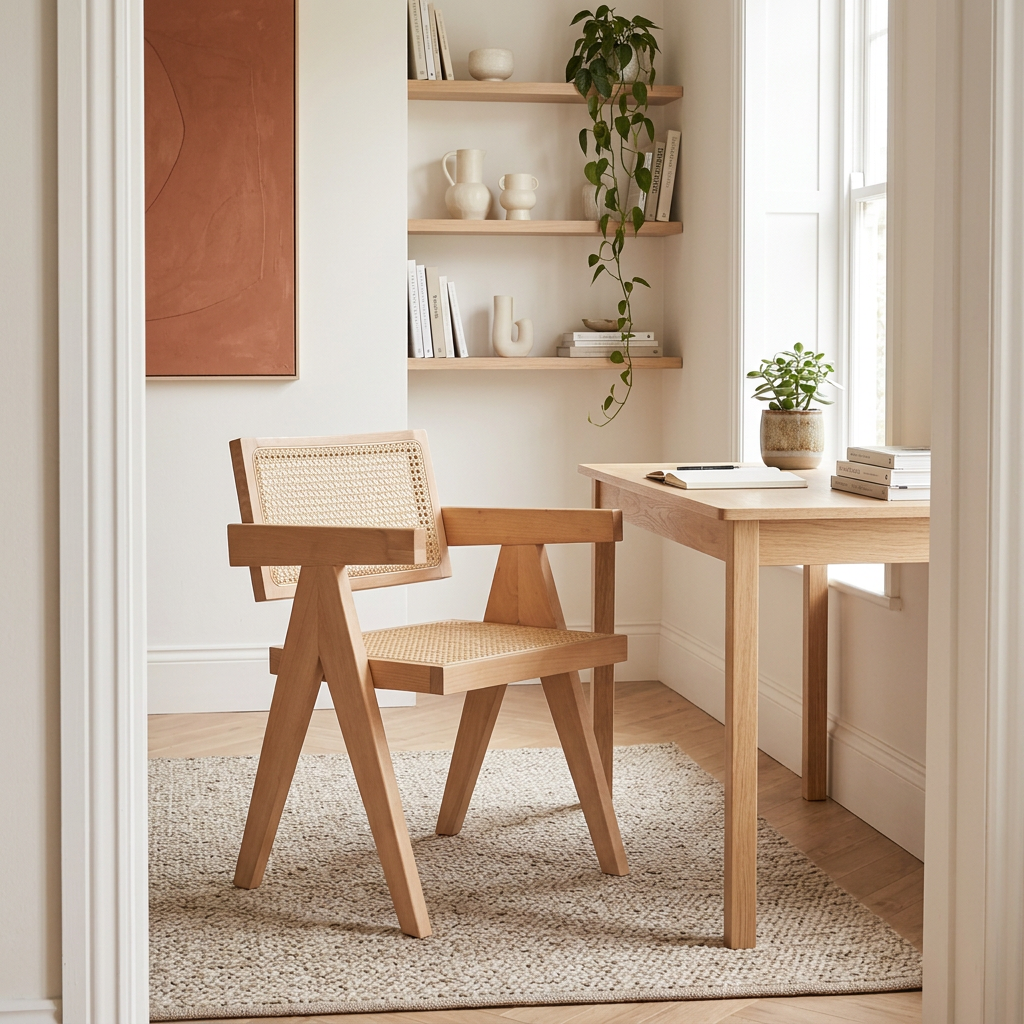 Cebu natural cane dining chair in a bright home office in a wide room view