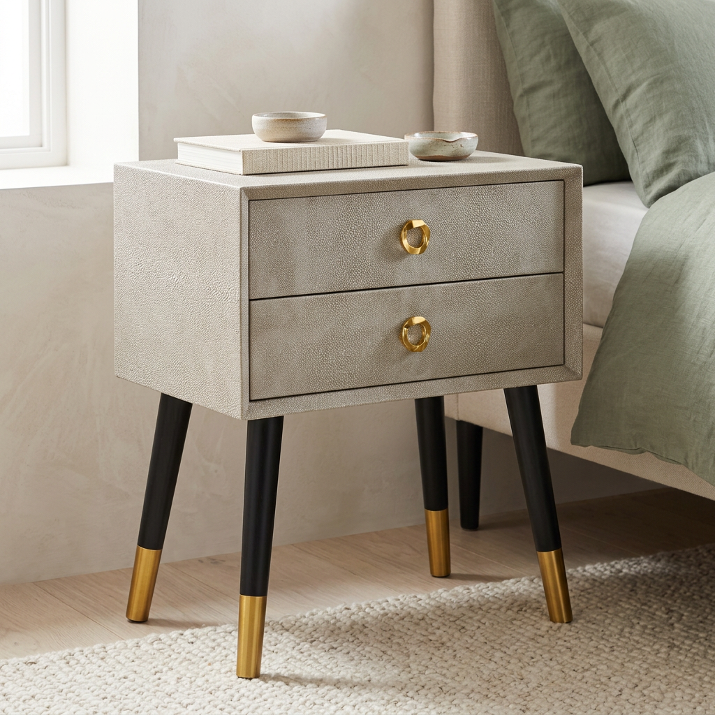 Cadio natural shagreen effect side table viewed from above at an angle in a contemporary bedroom