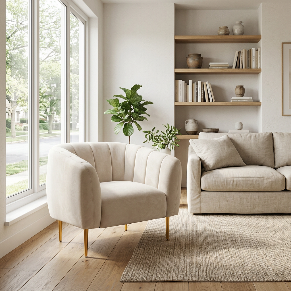 Yasmeen ivory velvet channel tufted armchair in a wide Scandinavian living room view