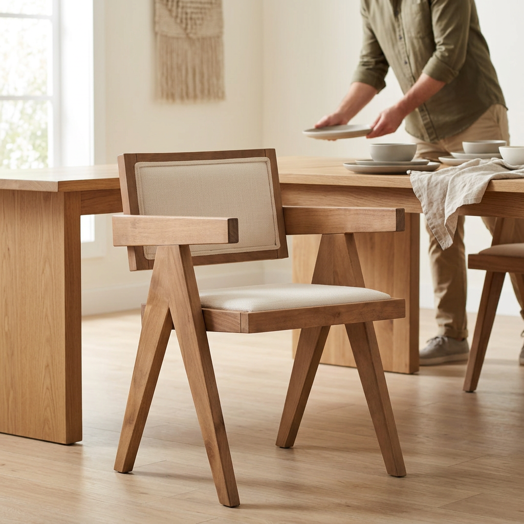 Cebu ivory fabric dining chair in a bright dining room with a person in the background