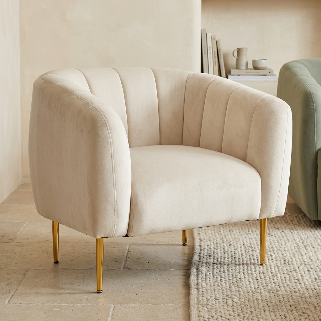 Yasmeen ivory velvet channel tufted armchair viewed from above at an angle in a contemporary living room